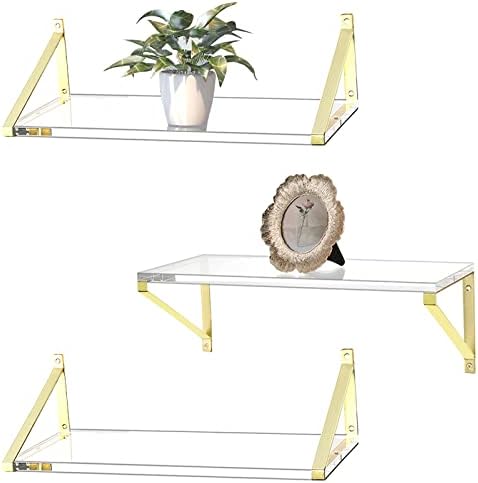 Gold Floating Shelves Crystal-Clear Acrylic Floating Shelves,Sturdy Thickness 10mm(0.4inch) Acrylic Shelves for Wall Dec