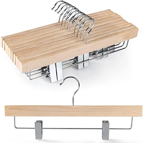 TOPIA HANGER Natural Unfinished Wood Pants Hangers, Wooden Skirt Hanger with Adjustable Clips, 360° Swivel Anti-Rust Hook, Smooth Finish Wood for Trousers 10 Pack-CT10PN