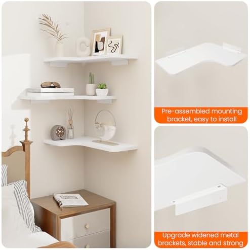 Homode Corner Floating Shelves, Set of 3 Corner Wall Shelves with Wire Hole, L-Shaped Wood Hanging Storage Shelf for Wal