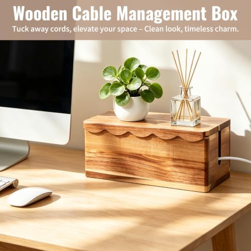 Large Cable Management Box Scalloped Edge, Acacia Wood Cable Organizer Box & Power Strip Box for Electrical Cord Managem
