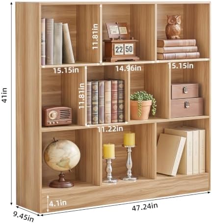 YAHARBO 3 Tier 10 Cube Long Horizontal Bookshelf,Under Window Shelf,Natural