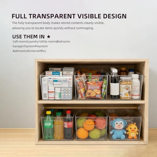 6 Pack Thick Clear Stackable Storage Bins, Cabinet Organizer, Plastiic Containers with Handle for Kitchens, Bathrooms an