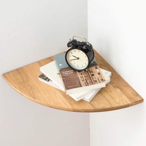 Corner Shelf, Solid Oak Wood Floating Corner Shelves Wall Mount Round End with Wire Hole for Small Plant Photo Frame for
