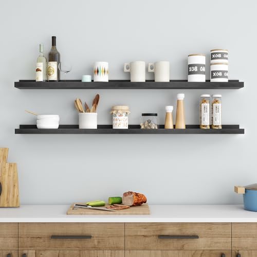 FLYJOE Picture Ledge Shelf, Floating Shelves Set of 2, Solid Ash Wood 48'' Long Large Nursery Book Shelves for Toys Storage, Kids Bookshelf for Living Room Bedroom Decor Books Photo Frames, Black