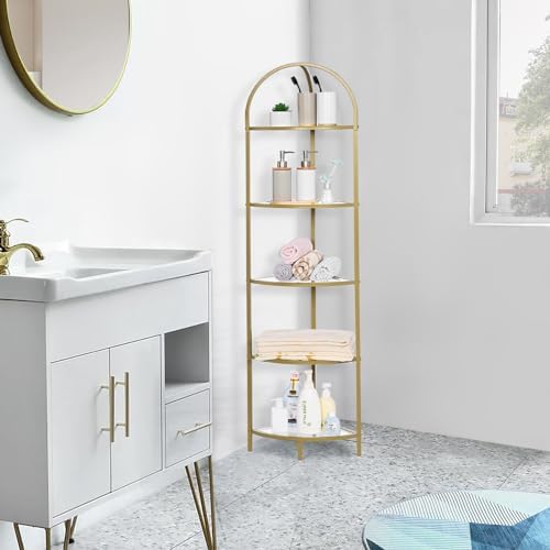 Homhedy 5-Tier Gold Corner Shelf Stand, Metal Corner Bookshelf