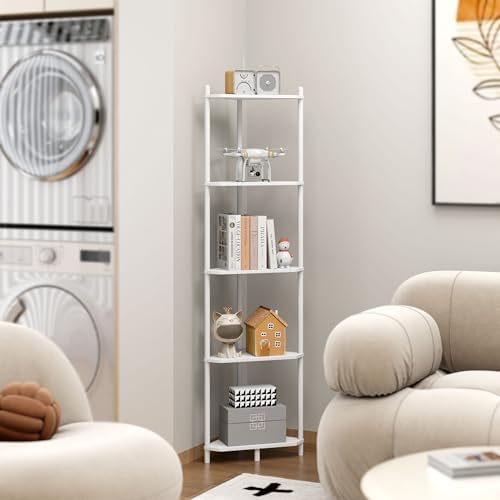 Corner Shelf Stand - 5 Tier Bamboo Small Corner Bookshelf for Office Kitchen Bedroom Plant Stand Living Room Decor Small