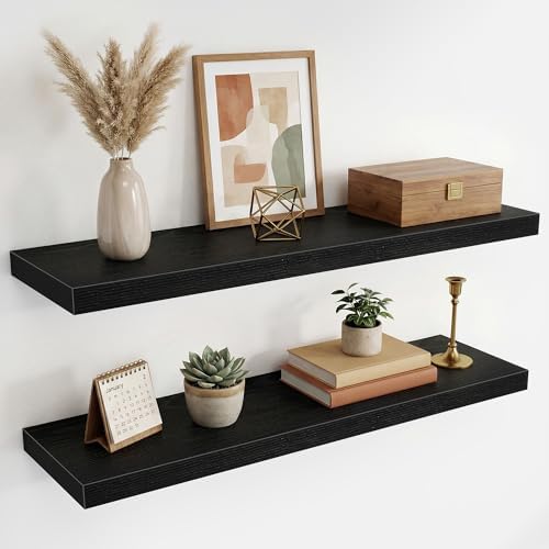 36 Inch Black Floating Shelves for Wall,9.3" Deep Long Floating Shelf Set of 2,Wood Wall Mounted Shelves Farmhouse Home 