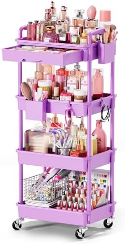 Goovilla Rolling Makeup Organizer Cart with Removable Drawer, 4 Tier Purple