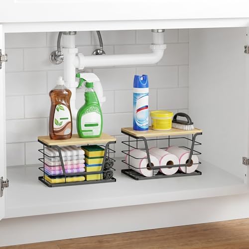 ALOCEO 2 Pack Stackable Wire Storage Basket with Bamboo Lid, Stainless Steel Extra Large Trash Bag Dispenser Roll Holder