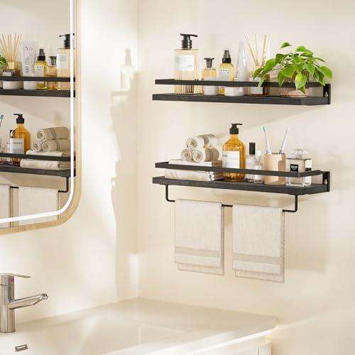 Amada Bathroom Shelves with Towel Bar, Set of 2, Black
