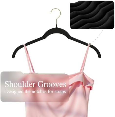 Korpai 30 Pack Black Velvet Shirt Hangers,Felt Hangers Non Slip,Heavy-Duty,Space Saving,Slim Velvet Hangers with Gold 360°Swivel Hook for Coats,Strappy Dresses,Shirts Sweater ect