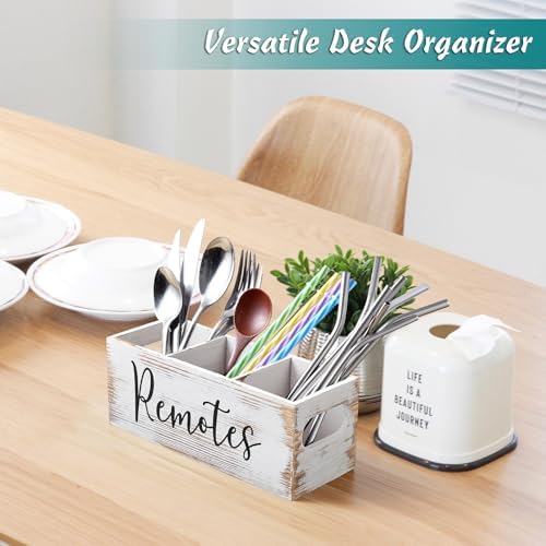DRASTAR Remote Control Holder, 3 Slots Wood Remote Storage Caddy, Remote Control Organizer Retro White