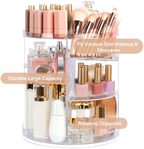 Boxalls Makeup Organizer Rotating Large Capacity, 360 Makeup Carousel with Brush Compartment, Clear Skincare Cosmetic Sp