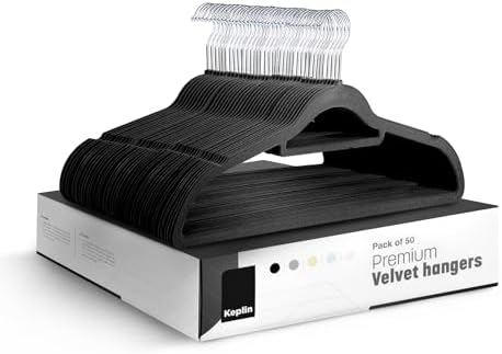 KEPLIN Black Velvet Hangers 50 Pack - 18 inch, Thin Non Slip Hangers with Tie Bar and 360° Degree Hook for Home Storage – Sturdy & Space Saving Wardrobe Organizers for T-Shirts, Suits and Coats