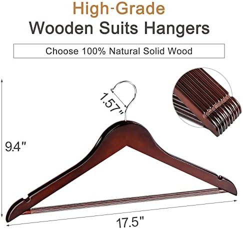TOPIA HANGER Wooden Coat Hangers 30 Pack, Cherry Wood Suit Hangers with Non Slip Pants Bar, 360° Swivel Hook and Shoulder Notches for Camisole, Jacket, Pants, Smooth Finish Clothes Hangers - CT34M30