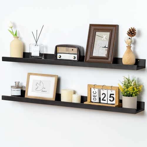 FLYJOE Picture Ledge Shelf Wall, 36 inch Solid Ash Wood Nursery Book Shelves 2 Packs, Floating Ledge Shelves for Kids' Room Bedroom Bathroom Living Room Photo Frames Office Nursey Wall Decor, Black