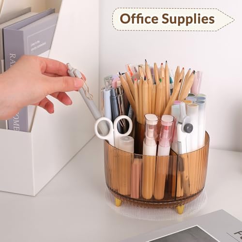 SKYDUE Rotating Pencil Pen Holder, Pen Organizer with 5 Slots - Aesthetic Desk Organizer and Accessories for School, Home, Office Supplies, Clear Tawny