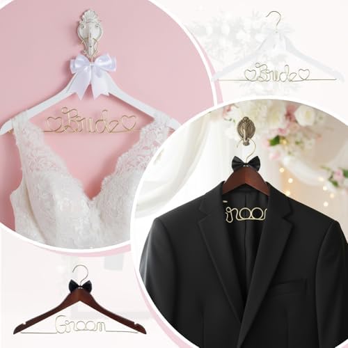 2 Pcs Bride Hanger Bride and Groom Wooden Wedding Dress Hanger Set with Bow Tie for Tuxedo Suit Wedding Gift Bridal Party Shower