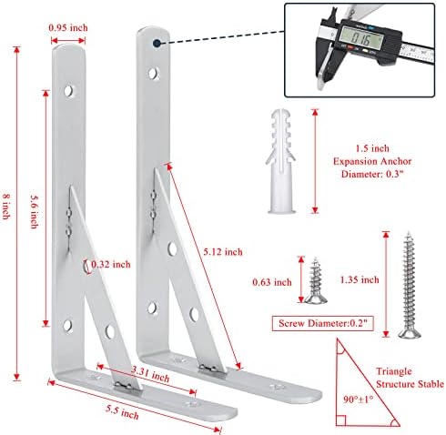 Solid Shelf Brackets 8 Inch, L Brackets Heavy Duty, Stainless Steel Angle Bracket, Max Load 440lbs, Pack of 2 (Silver)