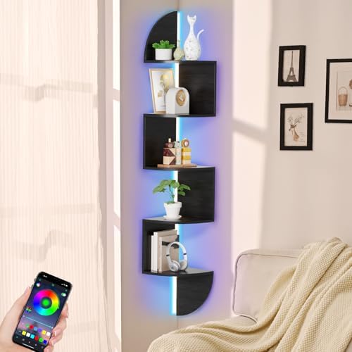 Waipfaru Corner Shelf, 5 Tier Bookshelf with LED Light, Corner Shelf Wall Mounted, Floating Shelves for Wall, Display St