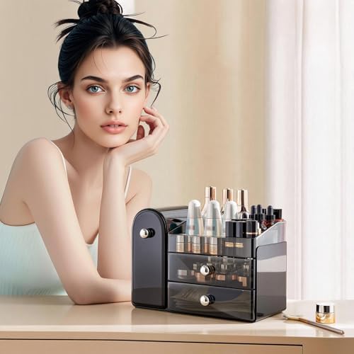 Makeup Organizer with Brush Holder for Vanity, Large Cosmetic Display Cases with 2 Drawers, Skincare Organizer for Bathr