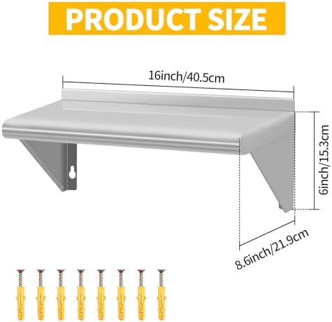 8.6" D x 16" W Stainless Steel Wall Mounted Shelves, 2 Packs Floating Shelving with Brackets, Commercial Shelf Perfect f
