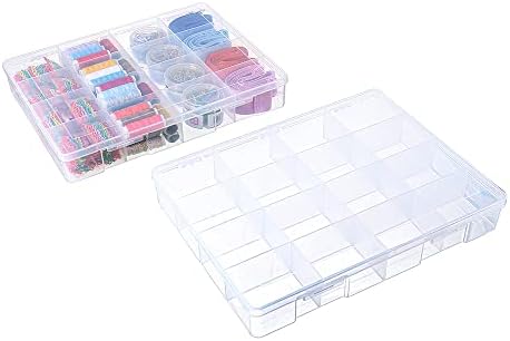 2 Pack Fixed 16 Grids Clear Plastic Large Compartment Container Case, Transparent Organizer Storage Divider Box with Lid