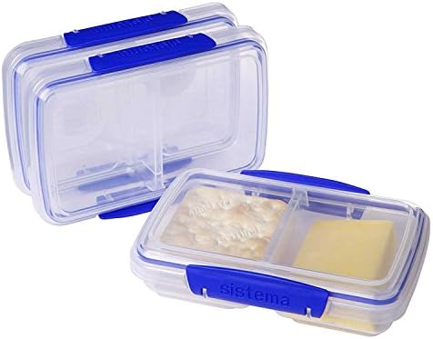Sistema 3-Piece Food Storage Containers with 2 Compartments and Lids for Meal Prep, Dishwasher Safe, 11.8oz, Clear/Blue