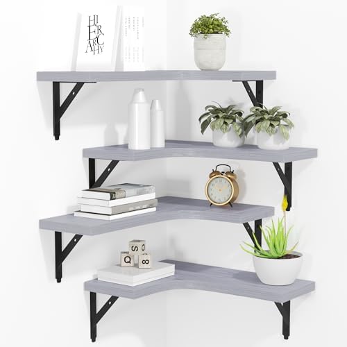 ROMGUAR CRAFT Corner Floating Shelves Wall Mounted Set of 4, Light Grey