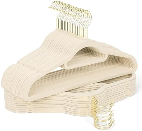 Velvet Hangers 30 Pack with Gold Hooks, Non-Slip Felt Clothes Hangers Beige