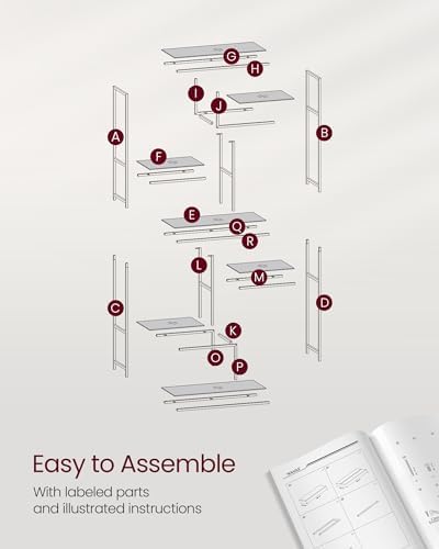 VASAGLE 6-Tier Bookcase, Slim Shelving Unit, Tempered Glass, Steel Frame