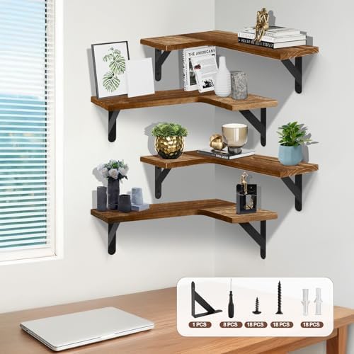 Set of 4 Corner Floating Shelves, Wall Mounted Shelf, Light Brown