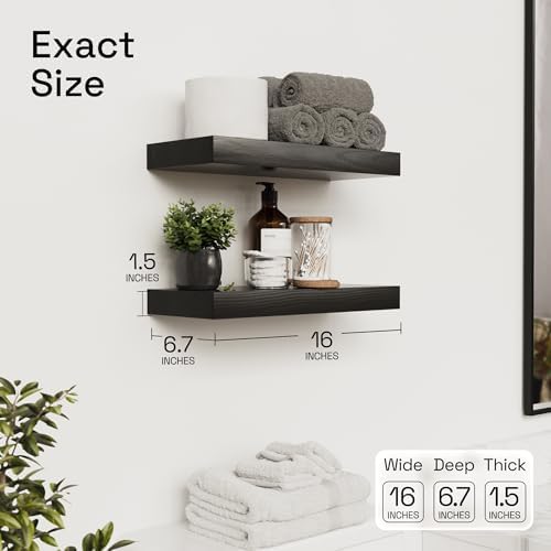 Solid Wood Floating Shelves For Wall 16 inch Black, Bathroom Wooden Shelf