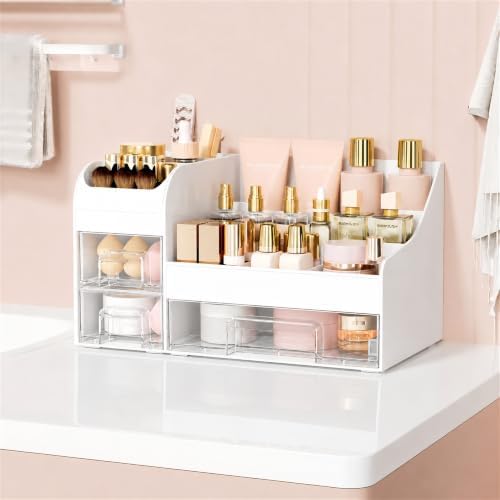 Extra Large Makeup Organizer for Vanity, 3 Drawers and Brush Holder, Countertop Cosmetic Storage for Skincare and Perfum