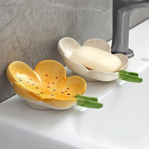 Self-Draining Soap Dish Ceramic Cute Bar Soap Holder for Countertop, Kitchen, Bathroom, Bedroom, Peach Blossom, Orange