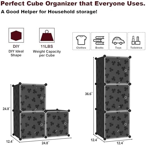 C&AHOME Clover Embossed Storage Organizer with Doors 3-Cube Shelf Black