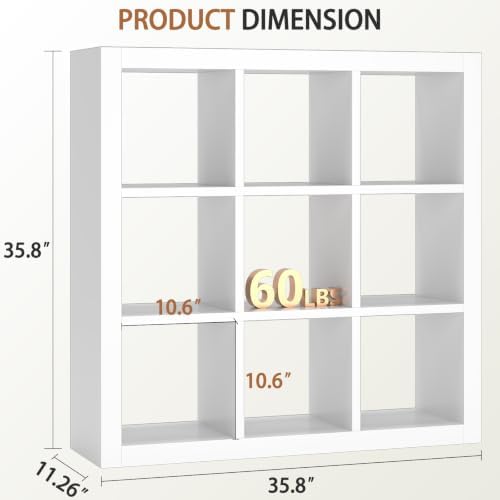 Bookshelf 9-Cube Storage Organizer Sturdy Wooden Bookcase Open Book Shelf, Multifunctional Cubicle Rack for Storages & D