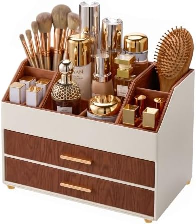 Lolalet 3-Layer PU Leather Makeup Organizer for Cosmetic Vanity -Walnut