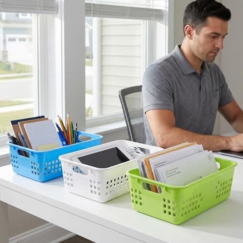 Jucoan 10 Pack Plastic Storage Baskets, 10.5 x 7 x 3.5 Inch Colorful Classroom Storage Organizer Baskets Trays with Grip Handles for Desktop, Drawer, Kitchen, Bathroom, School Supplies, 5 Colors