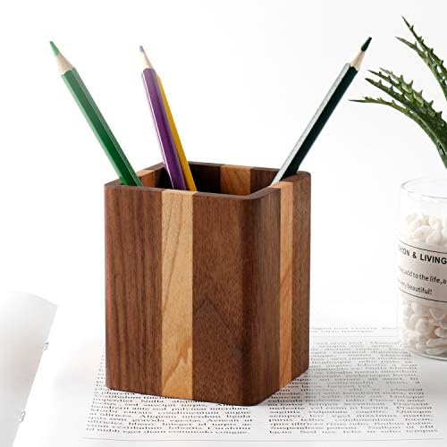Walnut Pencil Holder Wood Pen Holder For Desk Pen Cup Organizer Ofiice Pencil Stand Simple(Cherry center walnut side)