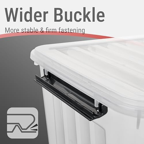 Cetomo Plastic Storage Bins, Lidded Storage Box with Wheels for Home Office Dorm, Wheeled, Stackable, Clear, 60Quart-4 P