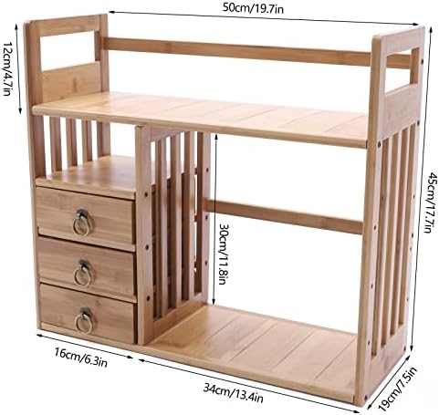 Bamboo Desk Book Shelf,Desktop Bookshelf Storage Rack Tabletop Standing Organizer Bookshelf with 3 Drawers,Freestanding 