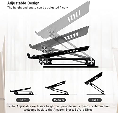 BoYata Laptop Stand, Adjustable Metal Desktop Riser, Up to 15 Inches, Black