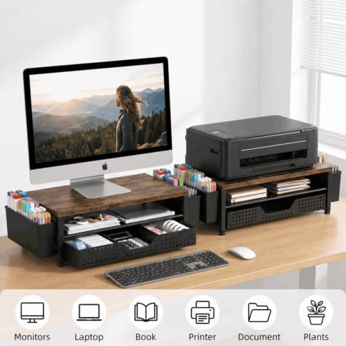 ECOLOVI Desk Organizer and Accessories, 2-Tier Computer Monitor Stand Rise with Storage Drawer & 2 Pen Holders, Laptop &