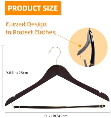 Wooden Suit Hangers 10 Pack, Premium Solid Wood Coat Hangers with Locking Pants Bar, 360° Swivel Hooks and Shoulder Notches, Dark Walnut Wood Hangers for Closet, Suits, Coats, Jackets