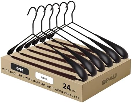 Wide Shoulder Metal Hangers, Beechwood Pants Bar, Black, 24-Pack