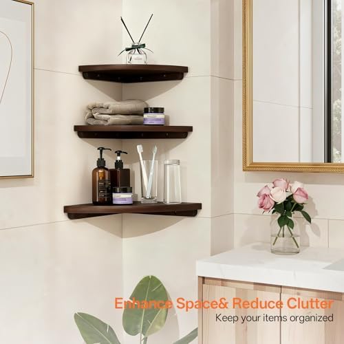 Gieanoo Floating Corner Shelves Set 2 12inch Walnut Solid Oak Rounded Corner Shelves Wall Mounted with Cable Hole Wood C