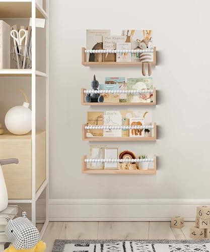 Nursery Shelves Set of 4,White Floating Book Shelves for Wall,Nursery Book Shelves for Kids Room,Kids Bookshelf (Set of 