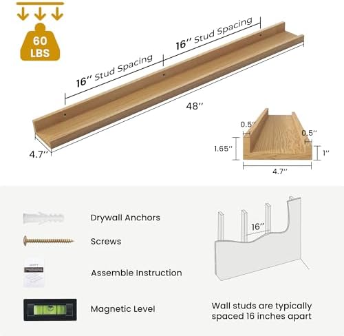 Acovy Solid Ash Wood Picture Ledge Shelf, Wood Floating Shelves Set of 2, 48 Inch Long Large Photo Ledge Shelves, Nursery Book Shelves Wall Mounted for Living Room Kids' Bedroom Decor, Natural