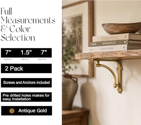 NACH Decorative Shelf Brackets, 2 Pack of 7 x 1.5 x 7 inch Gold Brackets - Cast Iron Shelf Brackets for Mounting - Half 